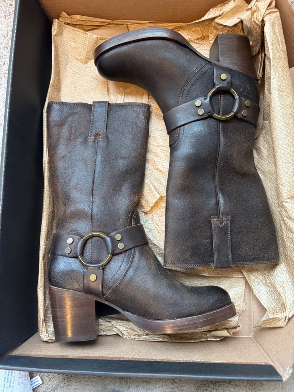 Frye Jean harness boots in chocolate Women’s Mid-Calf Brown Leather Block boot - Picture 4 of 10